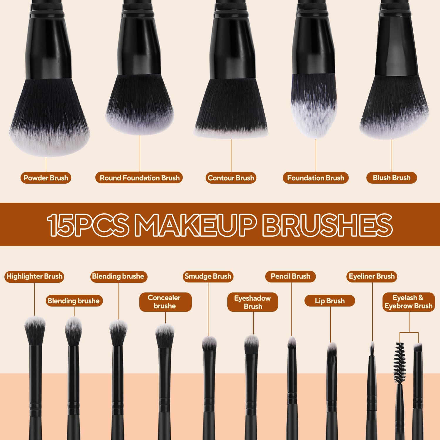 Glamberry Juego de brochas de maquillaje, 15 piezas profesionales de alta calidad para base sintética, contorno, correctores, sombras de ojos, rubor, juego de brochas de maquillaje con estuche