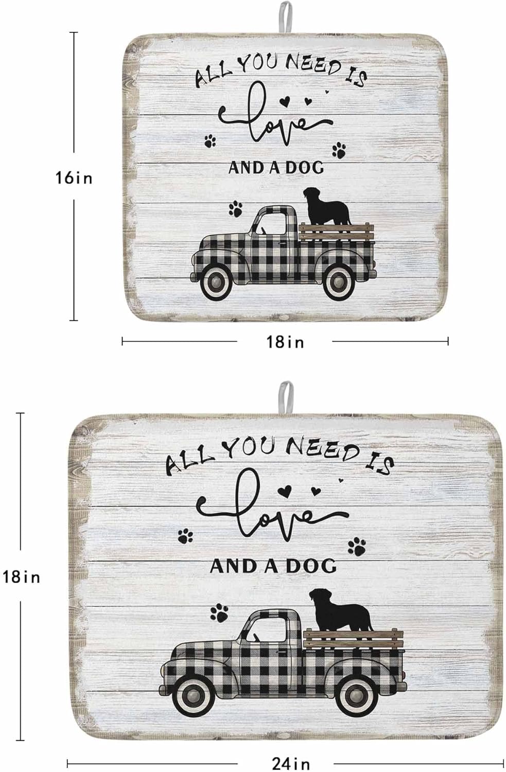 Farmhouse Truck Dish Drying Mat for Kitchen Counter, Microfiber Dishes Drainer Mat Rack Pad, Retro Country Car Dog Wooden Grain Absorbent Dish Bottle Drying Mats, 18"x24", 2 Pack
