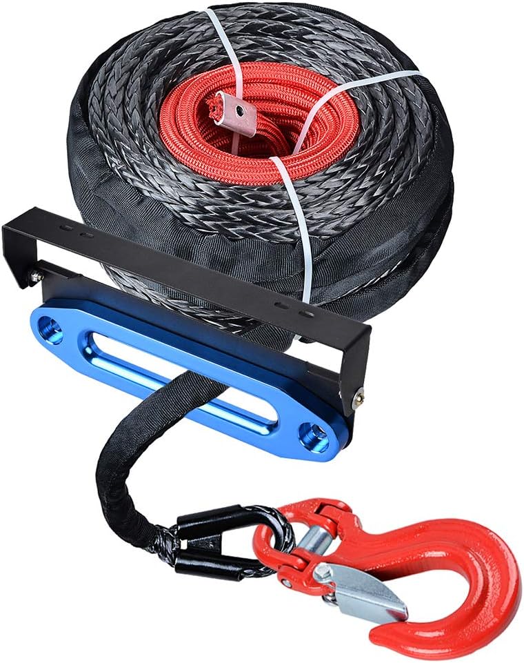 amopacorp 95 ft x 3/8 inch Synthetic Winch Rope with Flip-Up Hawse Fairlead Mounted License Plate Holder and Anodized Blue 10" CNC Machined Hawse Fairlead and Red Forged Steel Clevis Hook
