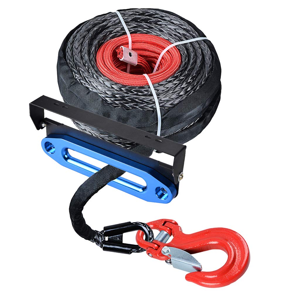 amopacorp 95 ft x 3/8 inch Synthetic Winch Rope with Flip-Up Hawse Fairlead Mounted License Plate Holder and Anodized Blue 10