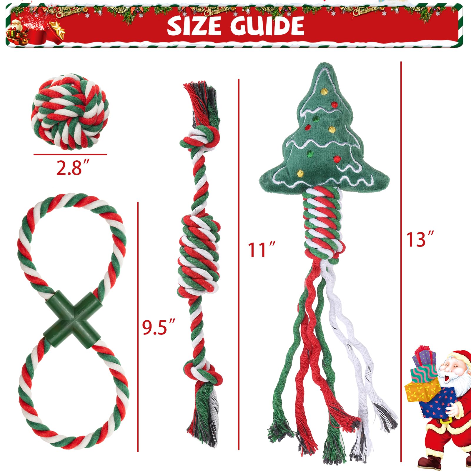 SCENEREAL Weihnachtliches Hundespielzeug aus Seil, 4 Stück, Kauspielzeug mit Strumpf zur Zahnreinigung, quietschendes Plüsch-Welpenspielzeug, interaktives Hundestrumpffüller, Weihnachtsgeschenke für