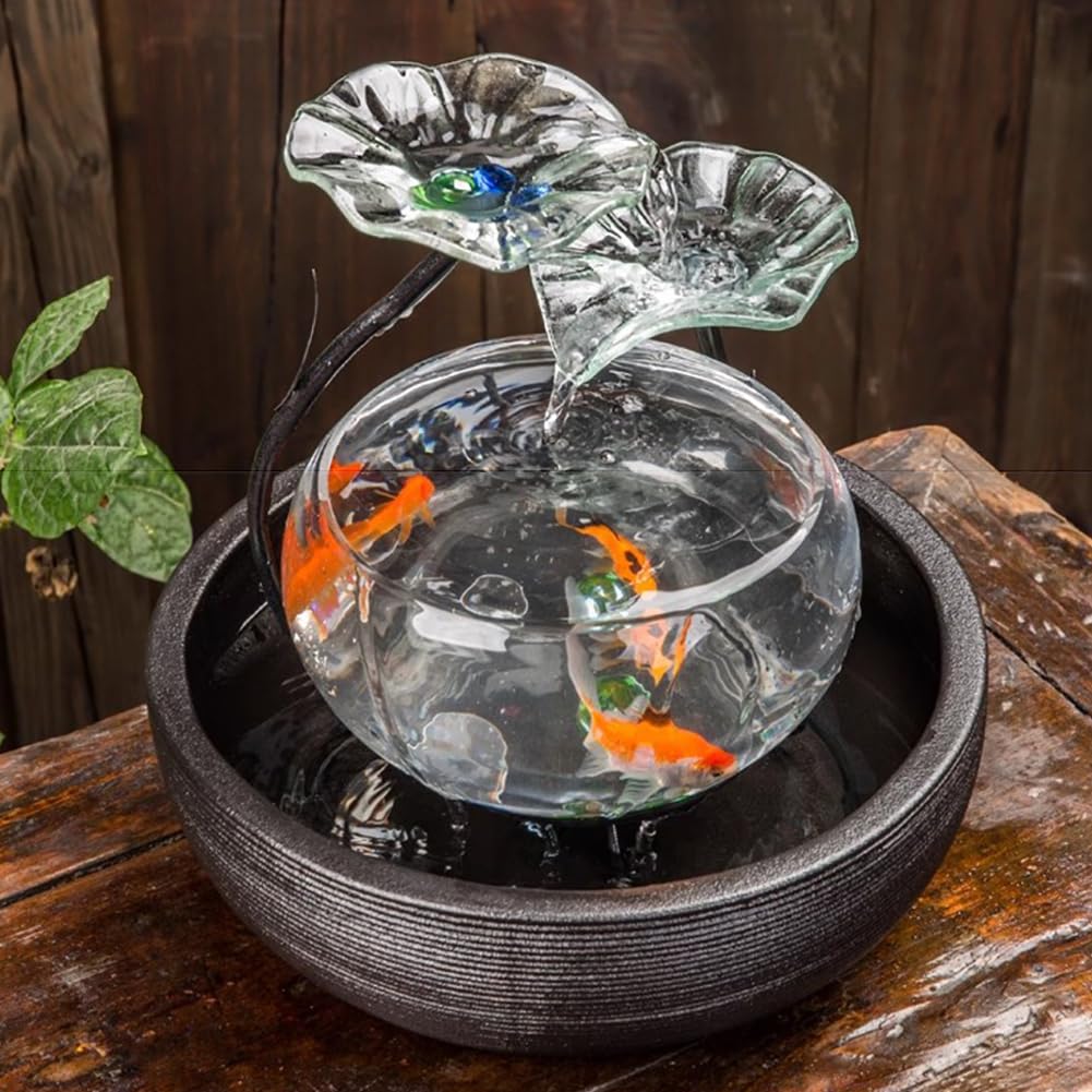 Lotusförmiges Springbrunnen-Aquarium Aus Glas, Kleines Tisch-Aquarium, Luxuriöses Aquarium-Wasserspiel Mit Keramiksockel, Zen-Inspirierte Wasserfalldekoration,C