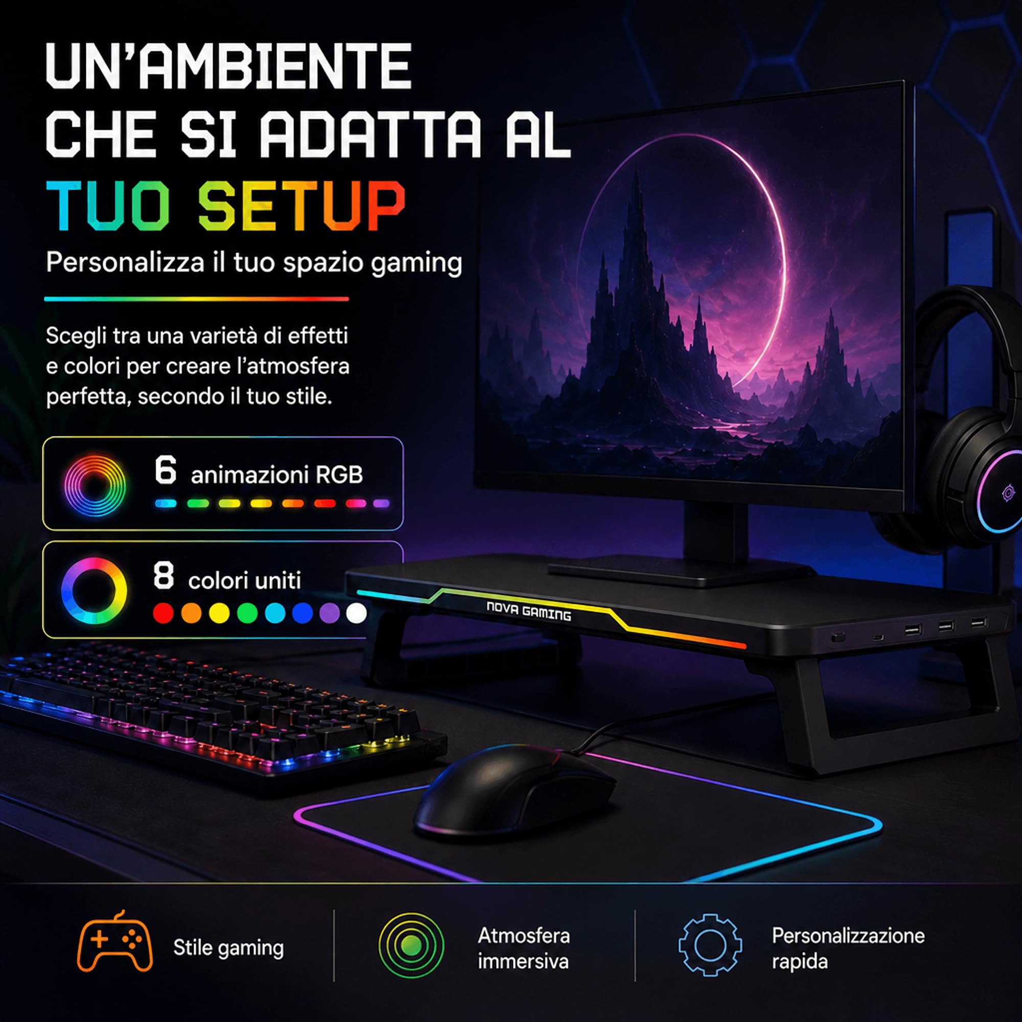 Nova Gaming – CELESTIUM – Rehausseur di Schermo RGB con Hub – Supporta Fino a 25kg – 3 Porte USB, 2 Porte USB-C – LED RGB Personalizzabile – Gaming, Ufficio, Ergonomia Avanzata