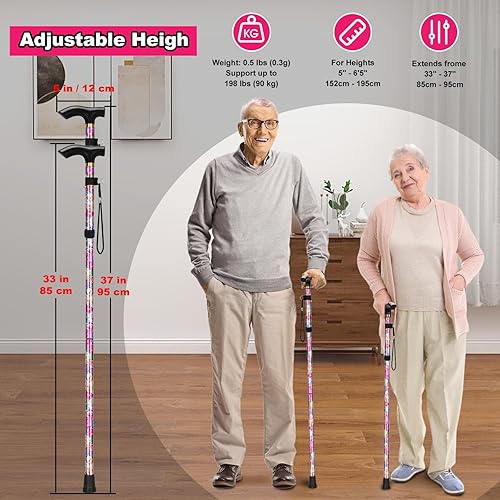 Miniatura 3 de MFE Bastón plegable, portátil de 5 niveles de altura ajustable con diseño plegable, correa de muñeca y mango en T para hombres y mujeres