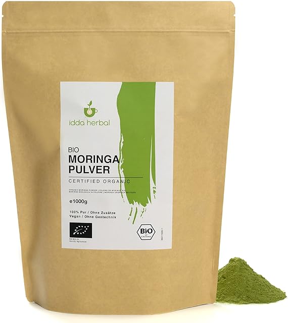 Organic Moringa Powder (1kg, 2.2lb), Dried and Gently Ground Moringa Leaves, Moringa Leaf Powder from Organic Cultivation, 100% Natural and Pure, Vegan