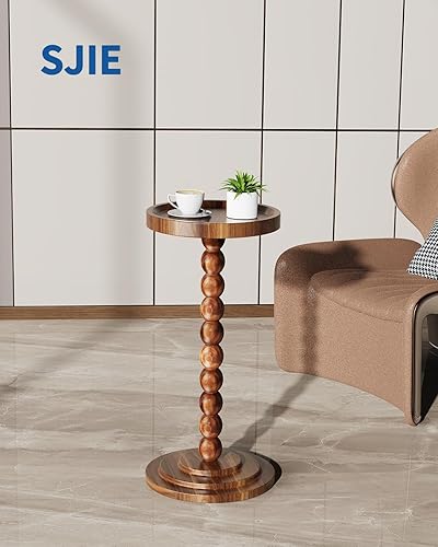 Miniatura 2 de Mesa auxiliar redonda de madera y mesa para bebidas, diseño moderno resistente y funcional de mediados de siglo con columnas de madera maciza