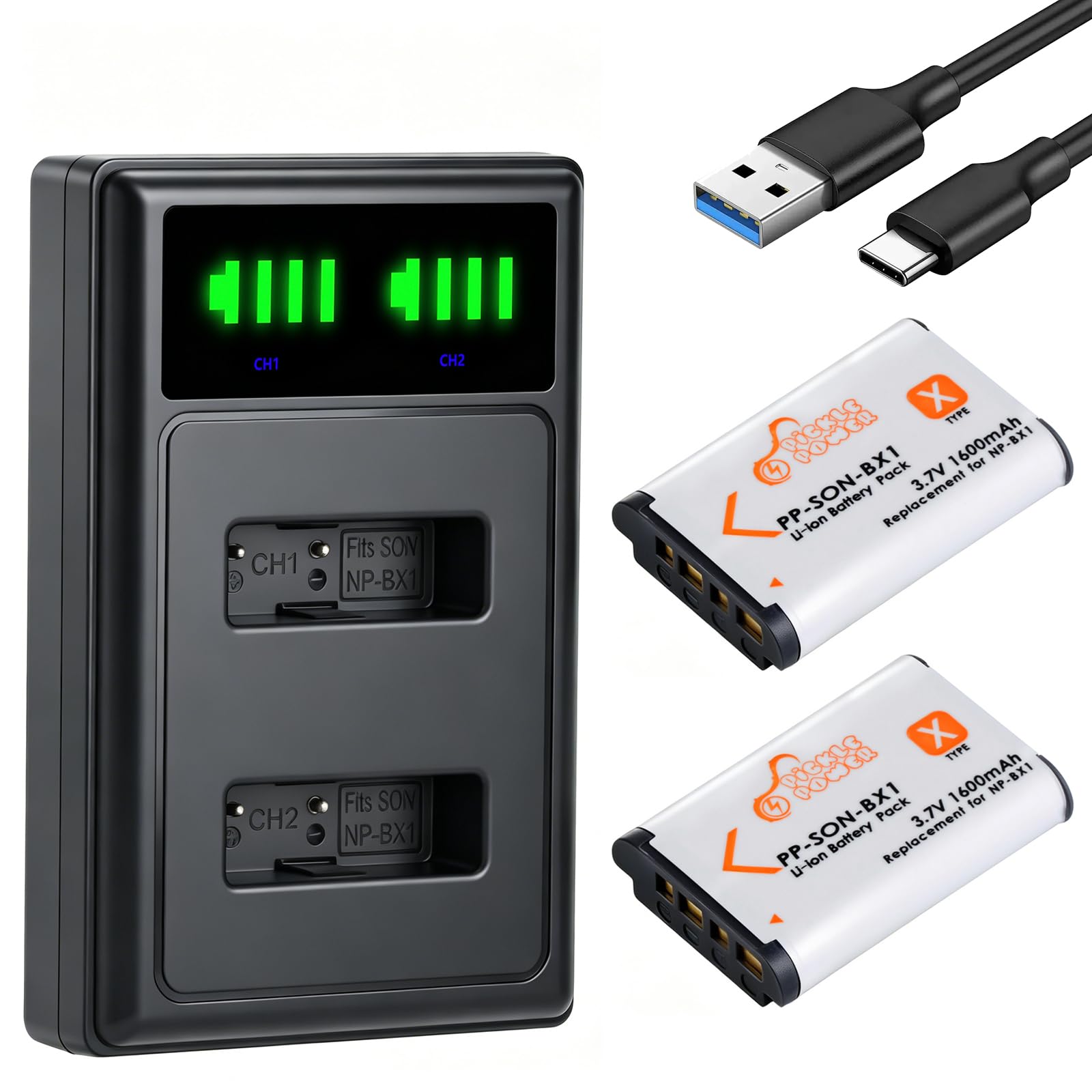 Pickle Power 2 unidades de batería NP-BX1 y cargador de 2 canales. Compatible con Sony NP-BX1, ZV-1, ZV-1 II, Cyber-Shot DSC-RX100, DSC-RX100 VII/VI/V/IV/III/II/VA (M7-M2), HDR-CX405, FDR-X3000, HX300