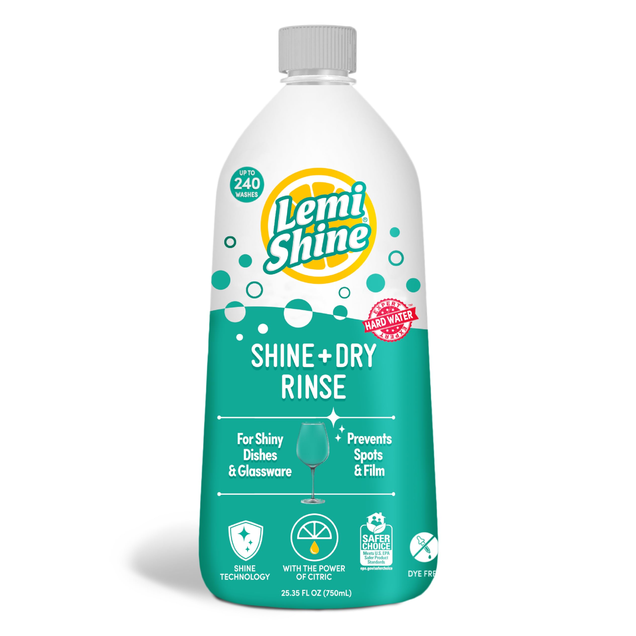 lemi shine shine and dry natural dishwasher rinse aid - hard water stain remover - 2535 fl oz