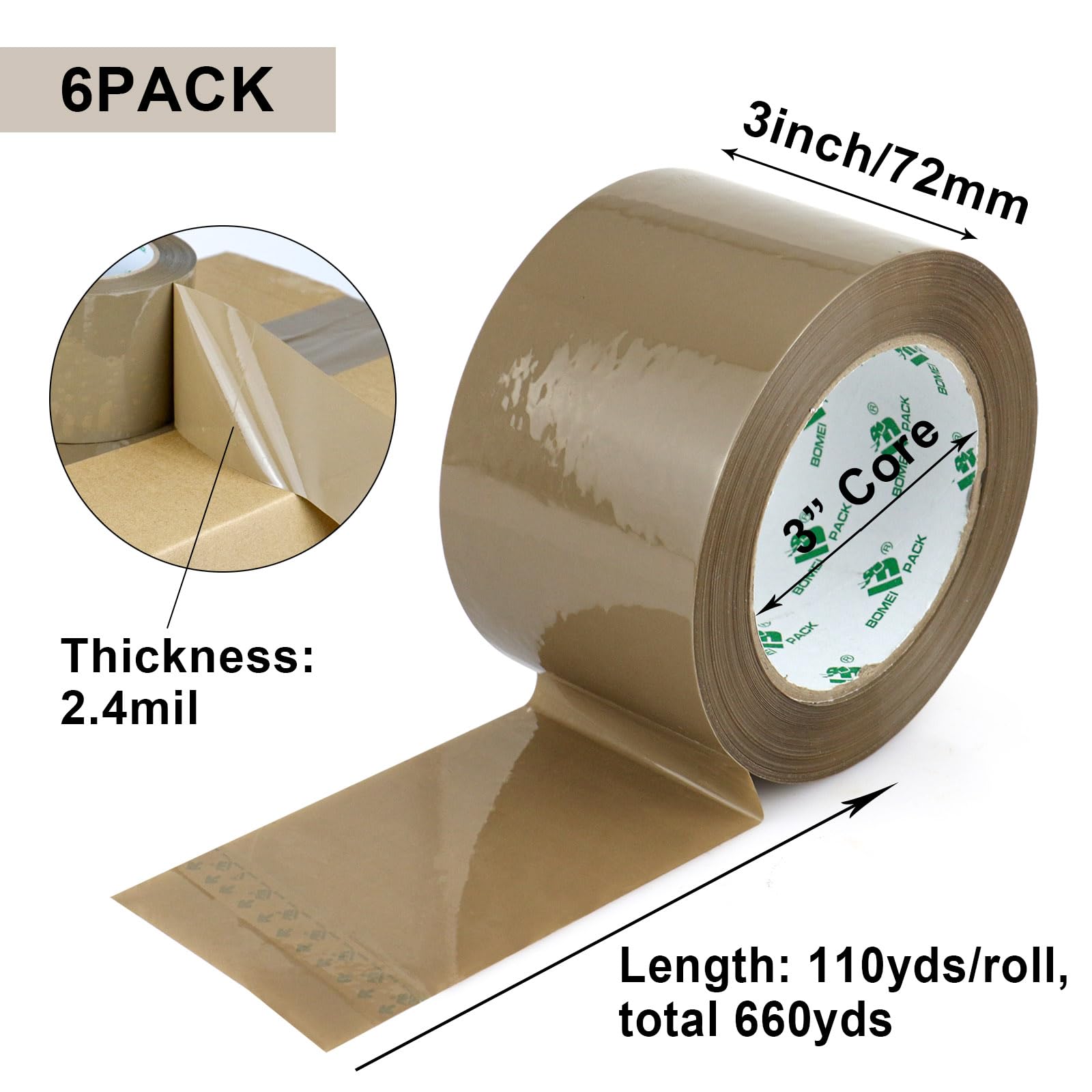 BOMEI PACK Nastro da imballaggio marrone da 7,6 cm, 6 rotoli di nastro largo per imballaggio, per traslochi, spedizioni e stoccaggio, 2,4 mm x 100 m