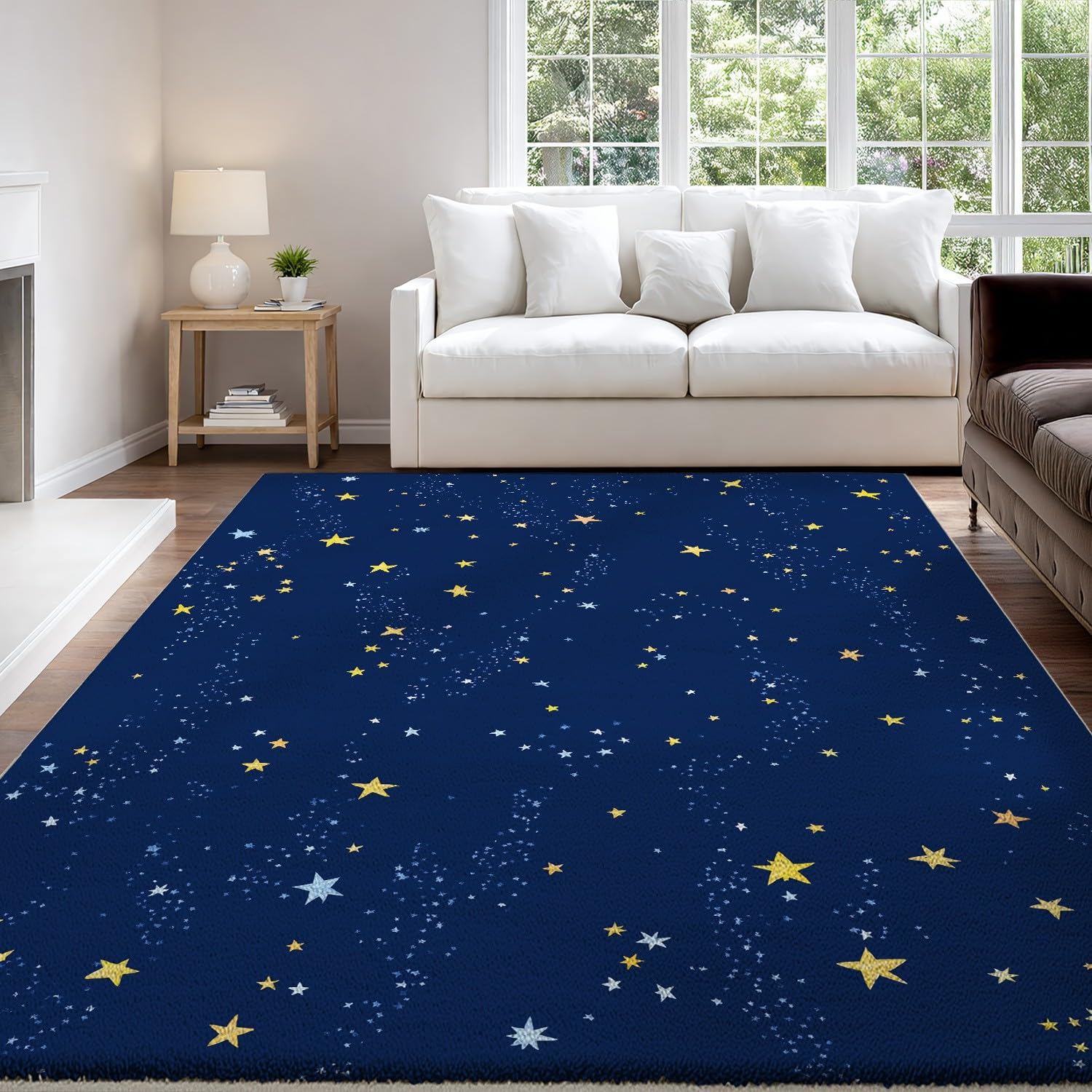 Genérico Alfombras de Pelo Corto 80 x 150 cm, Libro ilustrado Infantil Alfombras mullidas Estrellitas Sereno, Alfombra Niños Cielo Nocturno, Azul Amarillo