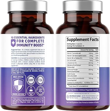 Number One Nutrition 10 in 1 Immune Support Supplement [10 Potent Ingredients] with Elderberry, Vitamin C, Zinc, Echinacea, Turmeric Curcumin, Garlic and Probiotics for Adults, 60 Veg Caps
