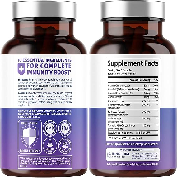 Number One Nutrition 10 in 1 Immune Support Supplement [10 Potent Ingredients] with Elderberry, Vitamin C, Zinc, Echinacea, Turmeric Curcumin, Garlic and Probiotics for Adults, 60 Veg Caps
