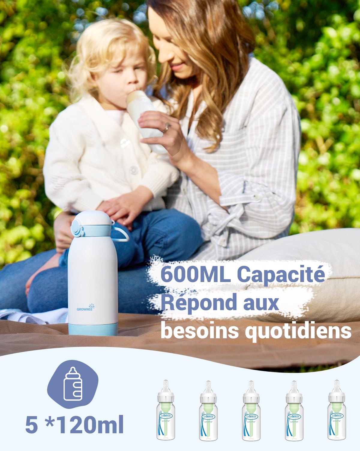 GROWNSY Chauffe Biberon Nomade Sans Fil avec Chauffage Rapide pour Lait Maternel et Formule, Chauffe Biberon Portable avec Batterie 10000mAh, Capacité 600mL et Contrôle de la Température