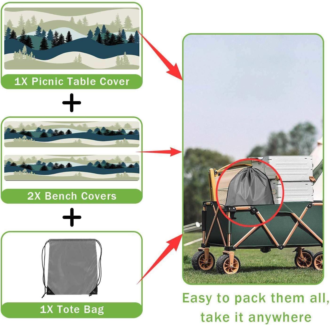 JAWO Picnic Table Cover with Bench Covers, Mountain Forest Camping RV Essentials Gear Supplies Outdoor Waterproof Windproof Tablecloth with Elastic, 72in, Green Blue