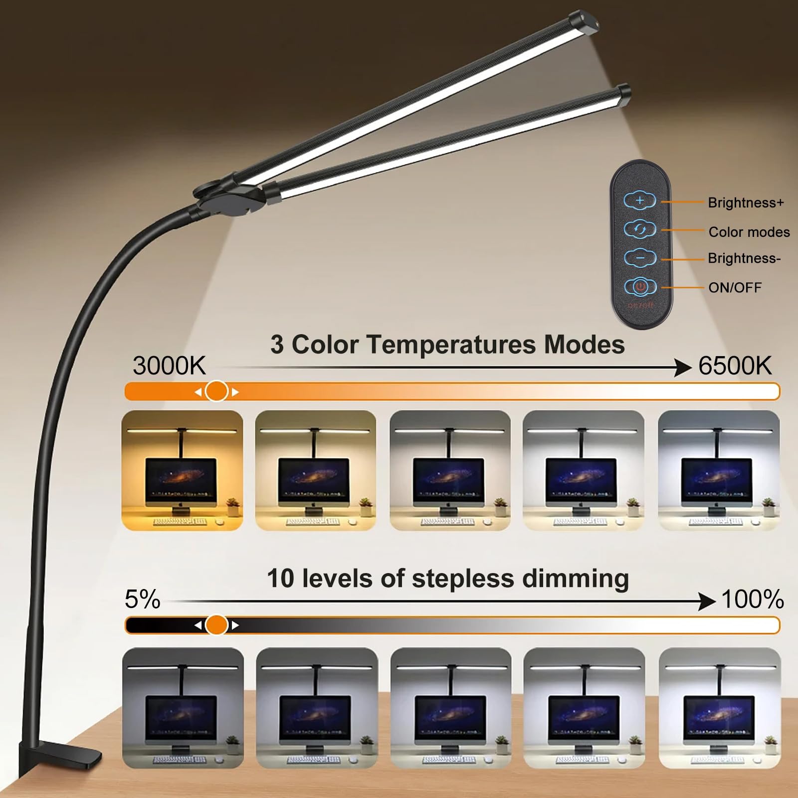 Lampada da lavoro LED a clip con doppio collo cigno, lampada da lettura a risparmio energetico, 10 luminosità per trucco e fotografia Luminosità dimmerabile