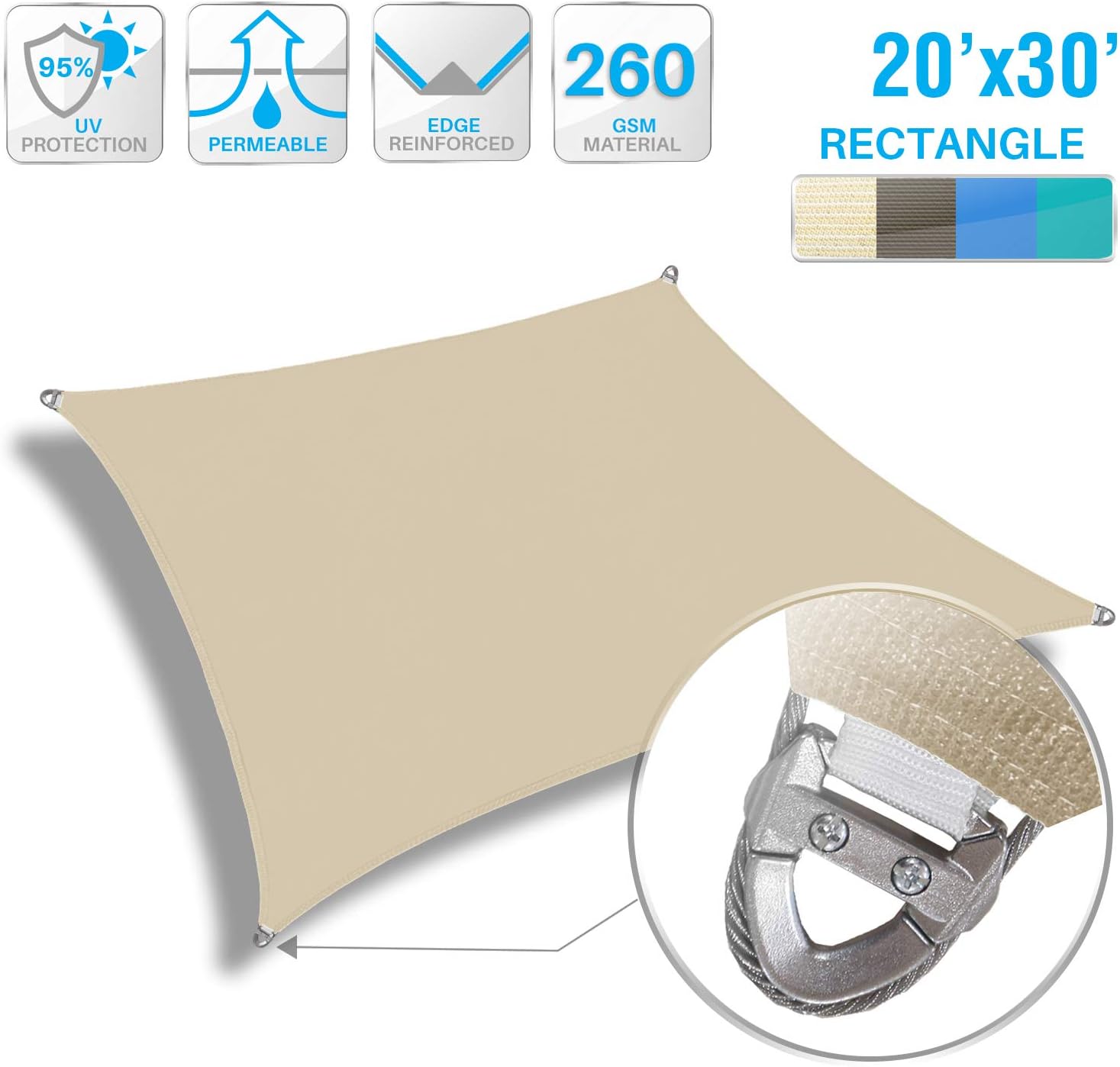 Patio Paradise 20' x 30' Shade Sail Rectangle Sun Canopy with Super A-Ring, UV Block Shade Fabric Heavy Duty Customized Patio Cover for Deck Backyard Outdoor, Commercial Grade, Sand