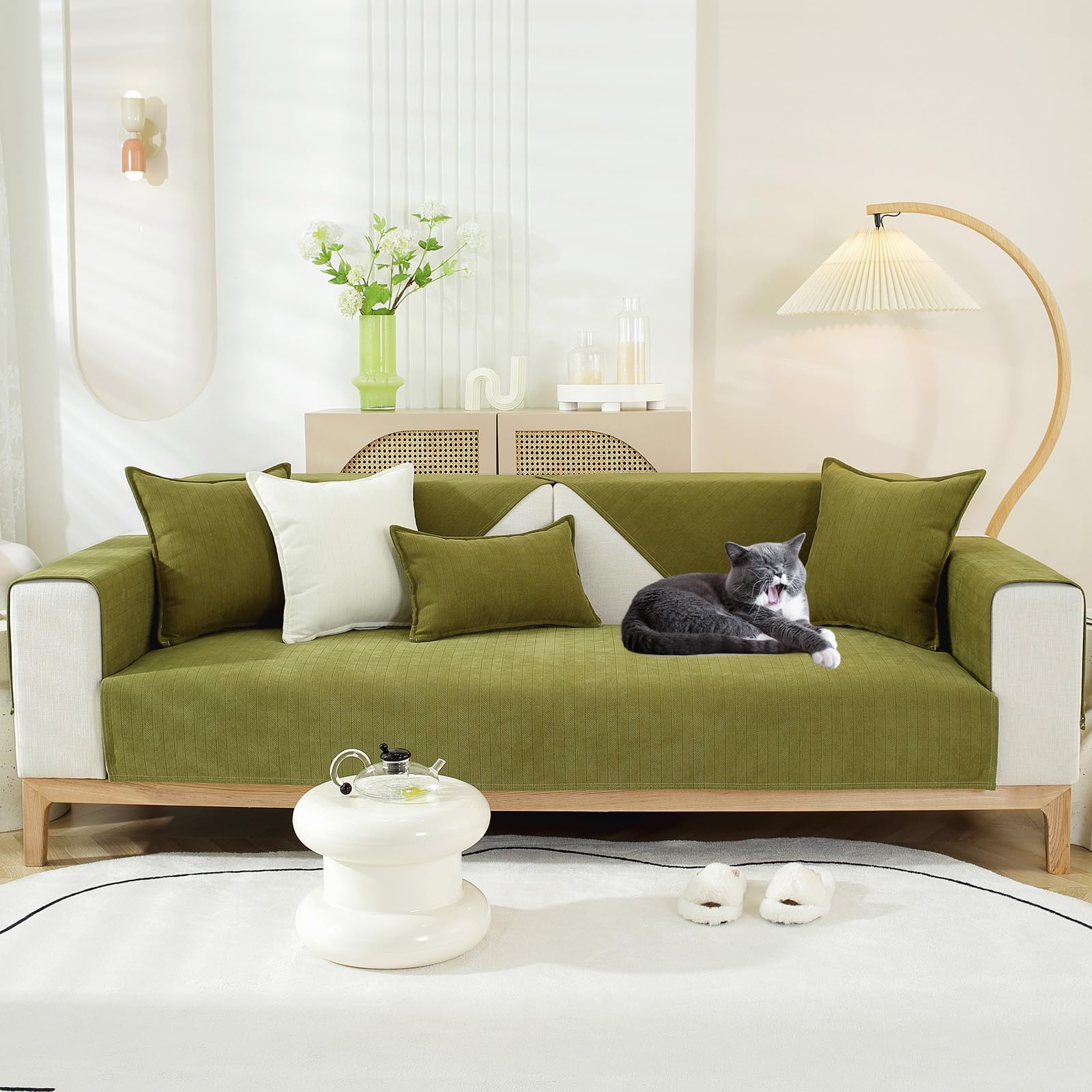 OKYUK Sofa Cover 1 2 3 Seater Herringbone Chenille Fabric Furniture Protector, Non Slip Sofa Slipcovers for Corner L Shape, Cosy Solid Colour Non-Slip Couch Cover for Pets Kids(ArmyGreen, 90x160cm)