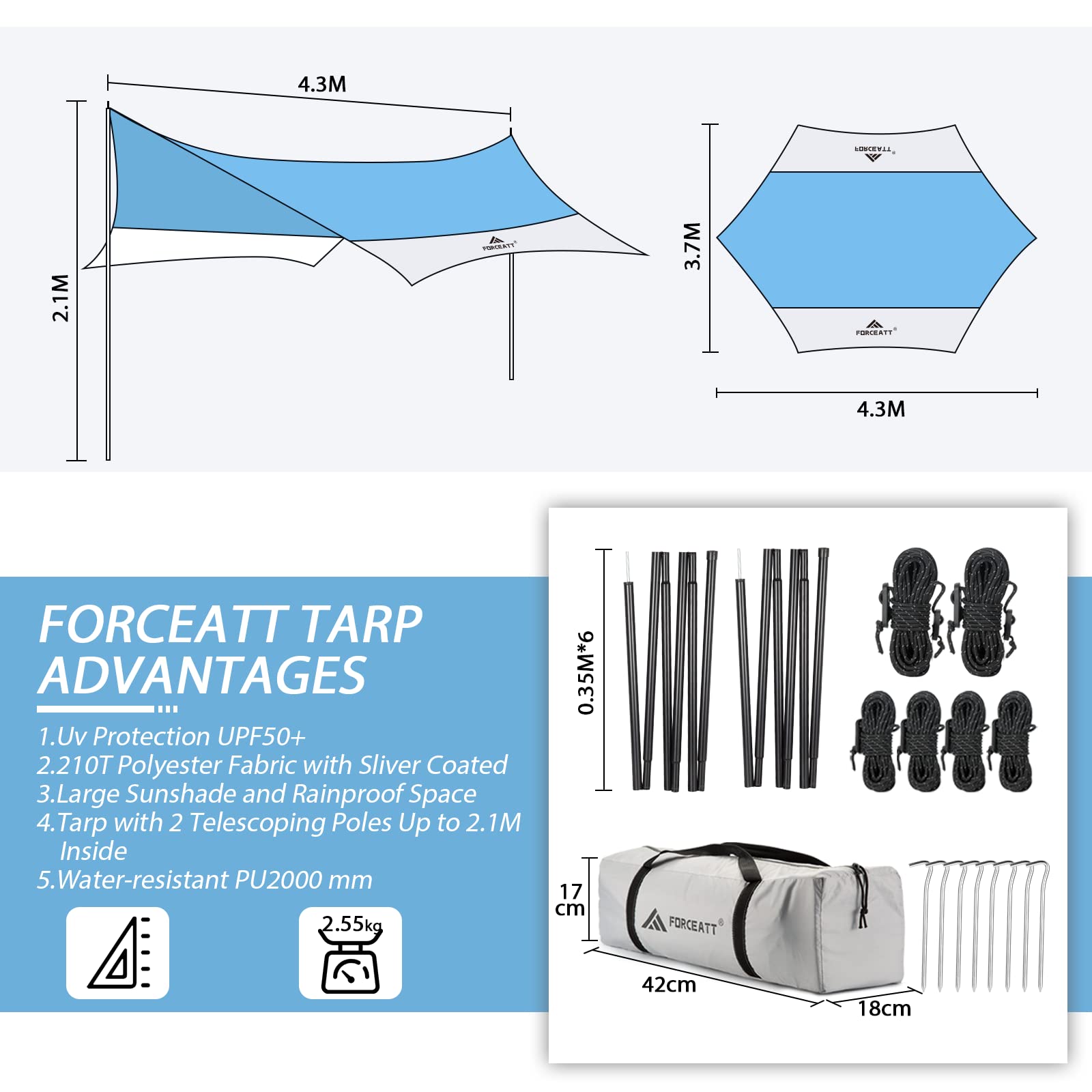 Forceatt Bâche de camping de 3,6 x 4,2 m avec 2 poteaux, imperméable et anti-UV (UPF50+), bâche légère pouvant être utilisée avec voiture, tente et hamac pour la randonnée, le jardin et les voyages.