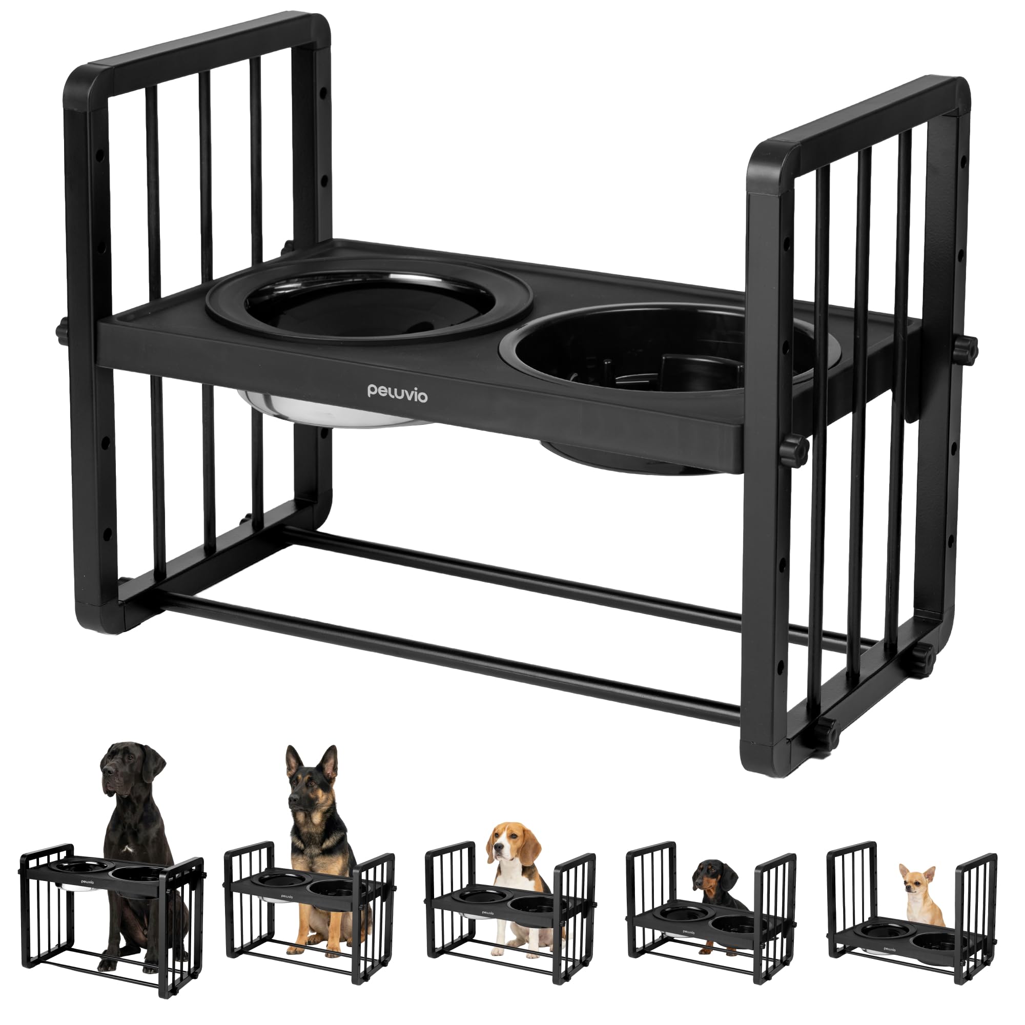 Levee Comedero Perro Elevad, 5 Alturas Ajustables con Inclinación 10° para Perros Pequeños, Medianos y Grandes, Incluye Comedero Lento 1100 ml y Bebedero Elevado 1450 ml Anti Salpicaduras