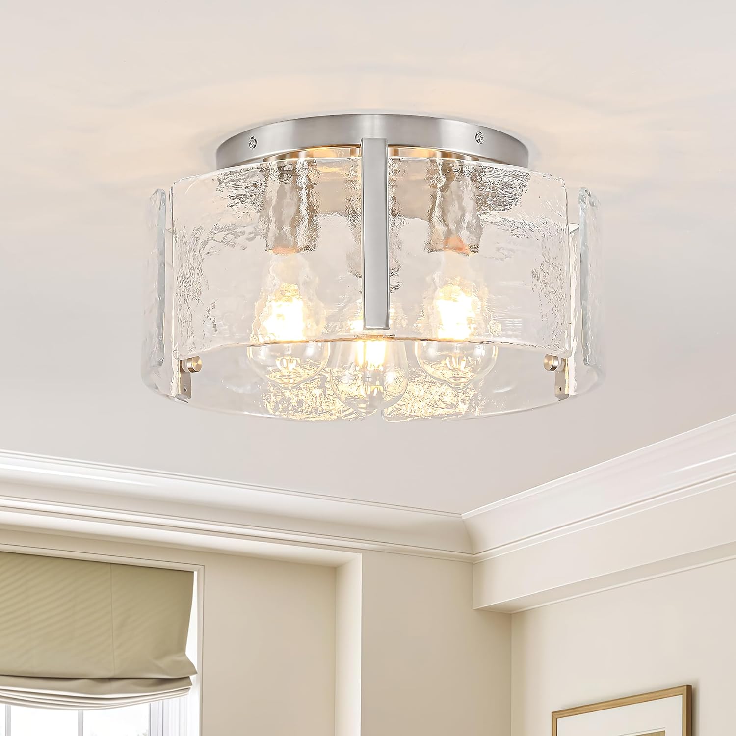 14.9 Inch Modern Semi Flush Mount Ceiling Light, Nickel Glass Ceiling Light Fixture 3-Light Kitchen Island Light Fixtures Ceiling Light for Foyer Hallway Bedroom Laundry Entryway Lighting Fixtures