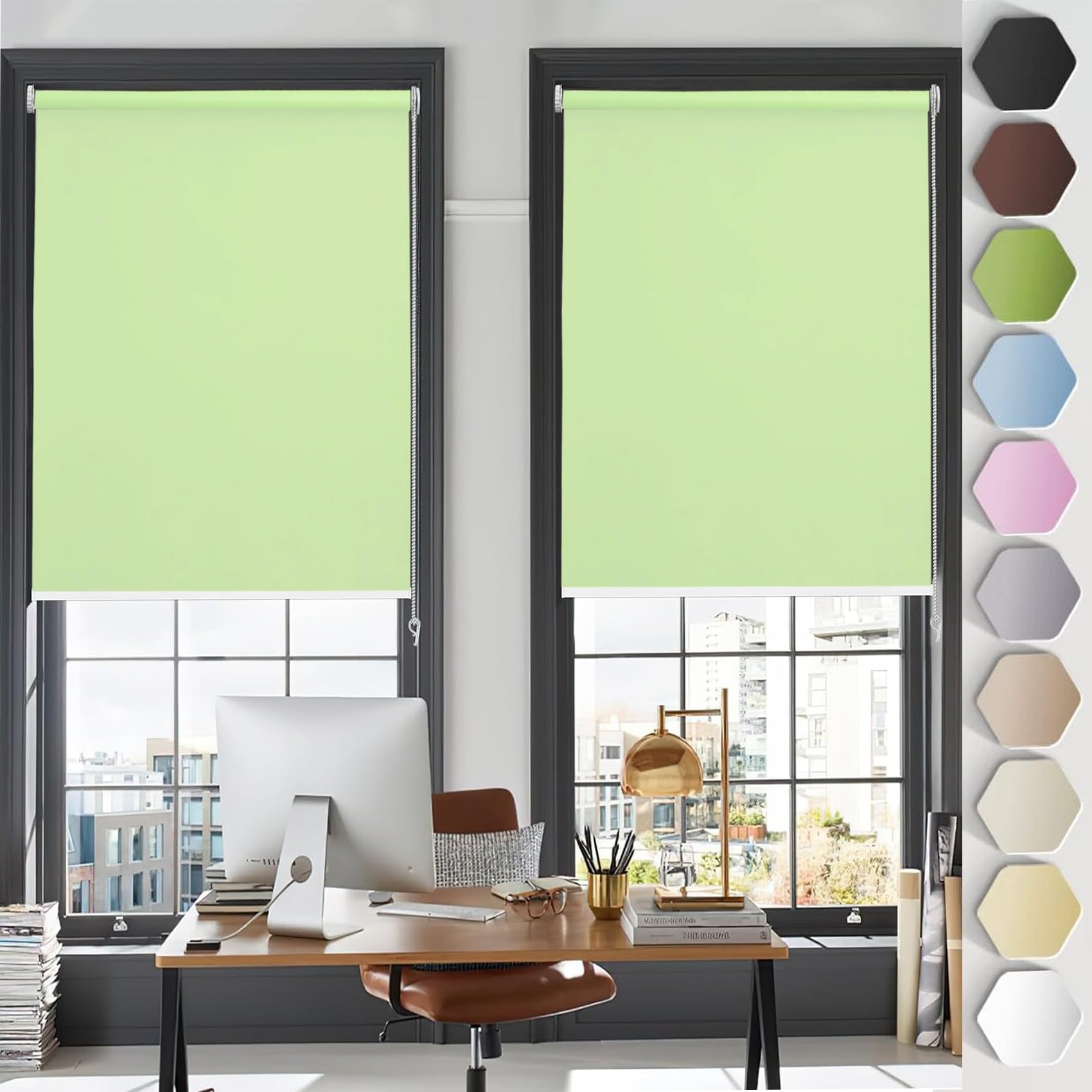 Straight Edge Dim-Out Roller Blind 85 x 180 cm Adjustable and Lightweight, Daylight Trimmable Roller Blind with Install Accessories for Window and Door, Green — image 1