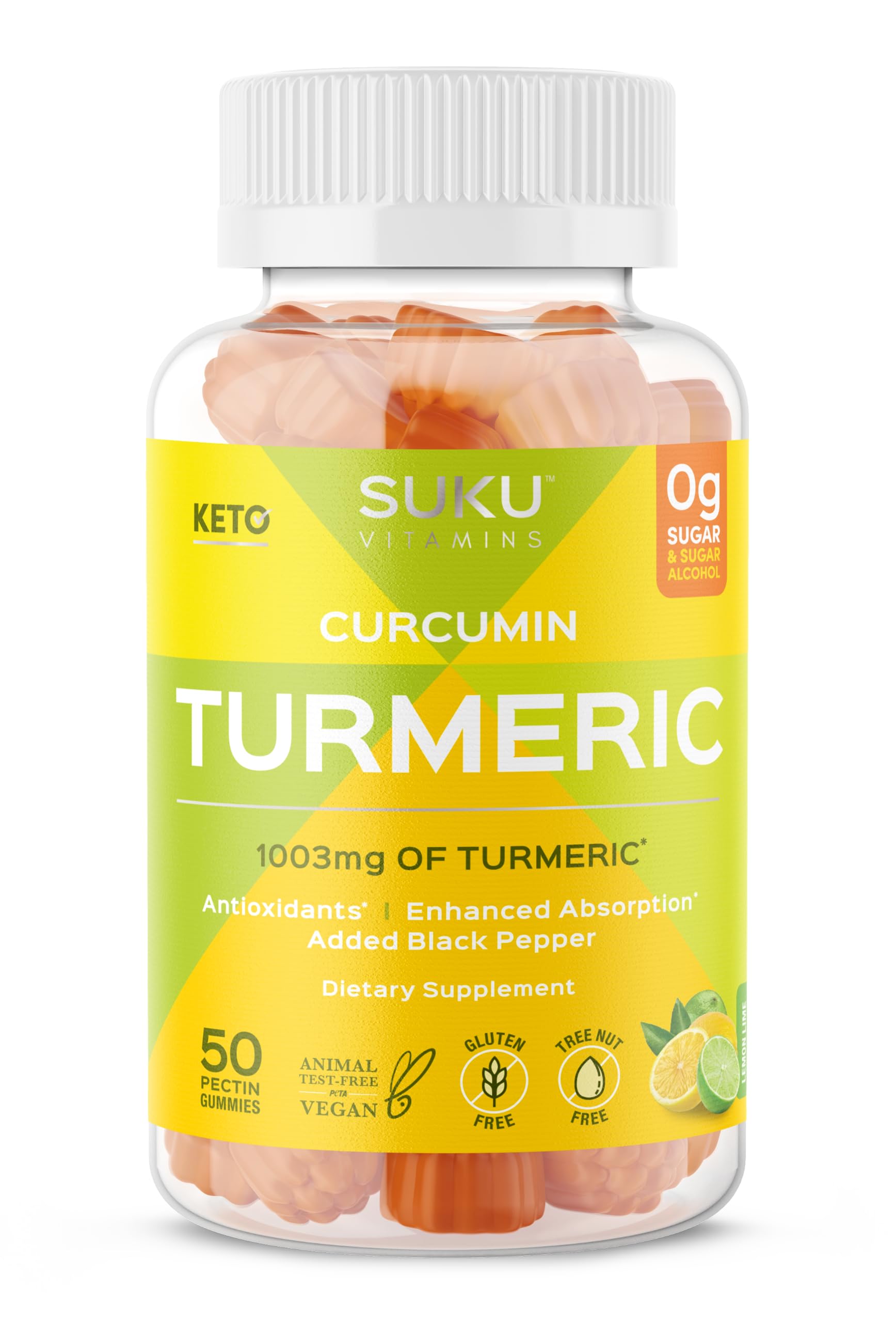 SUKU Turmeric Curcumin Sugar Free Gummies with 1003mg of Turmeric - Black Pepper Protects Liver, Improves Digestion, Inflammation Response & Joint Health – Lemon Lime Flavour (50 Gummies)
