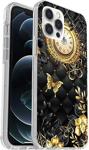 Funda compatible con iPhone 12iPhone 12 Pro  Hermoso reloj de mariposa con diseño de flores doradas, TPU suave, elegante, delgada, funda protectora