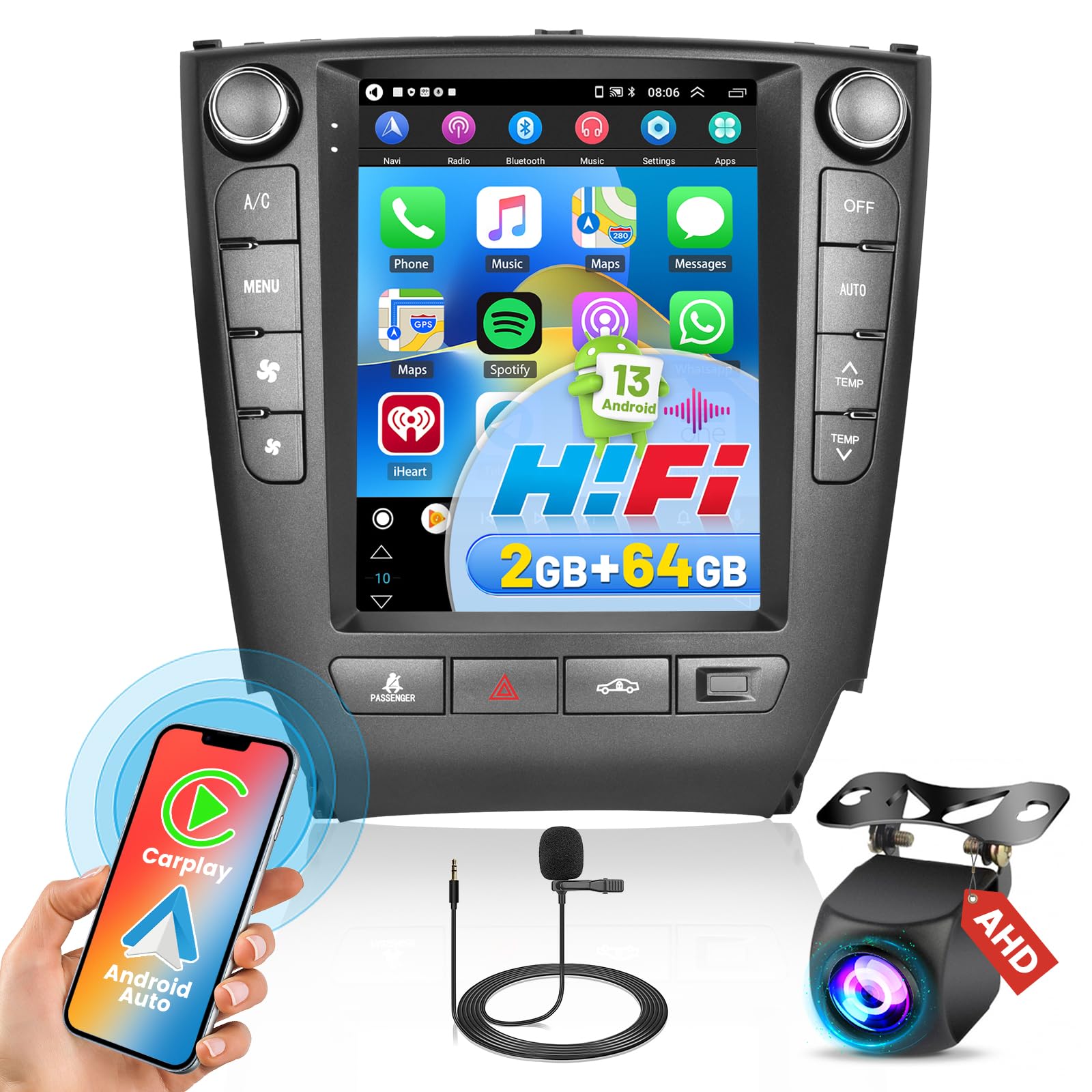 9.7‘’ Car Radio for Lexus IS250 IS300 IS350 2006-2012,Wireless Carplay Android Auto,2+64G,Vertical Touch Screen Bluetooth Car Play Radio GPS WiFi SWC EQ Backup Camera,Android 13 Stereo for Lexus