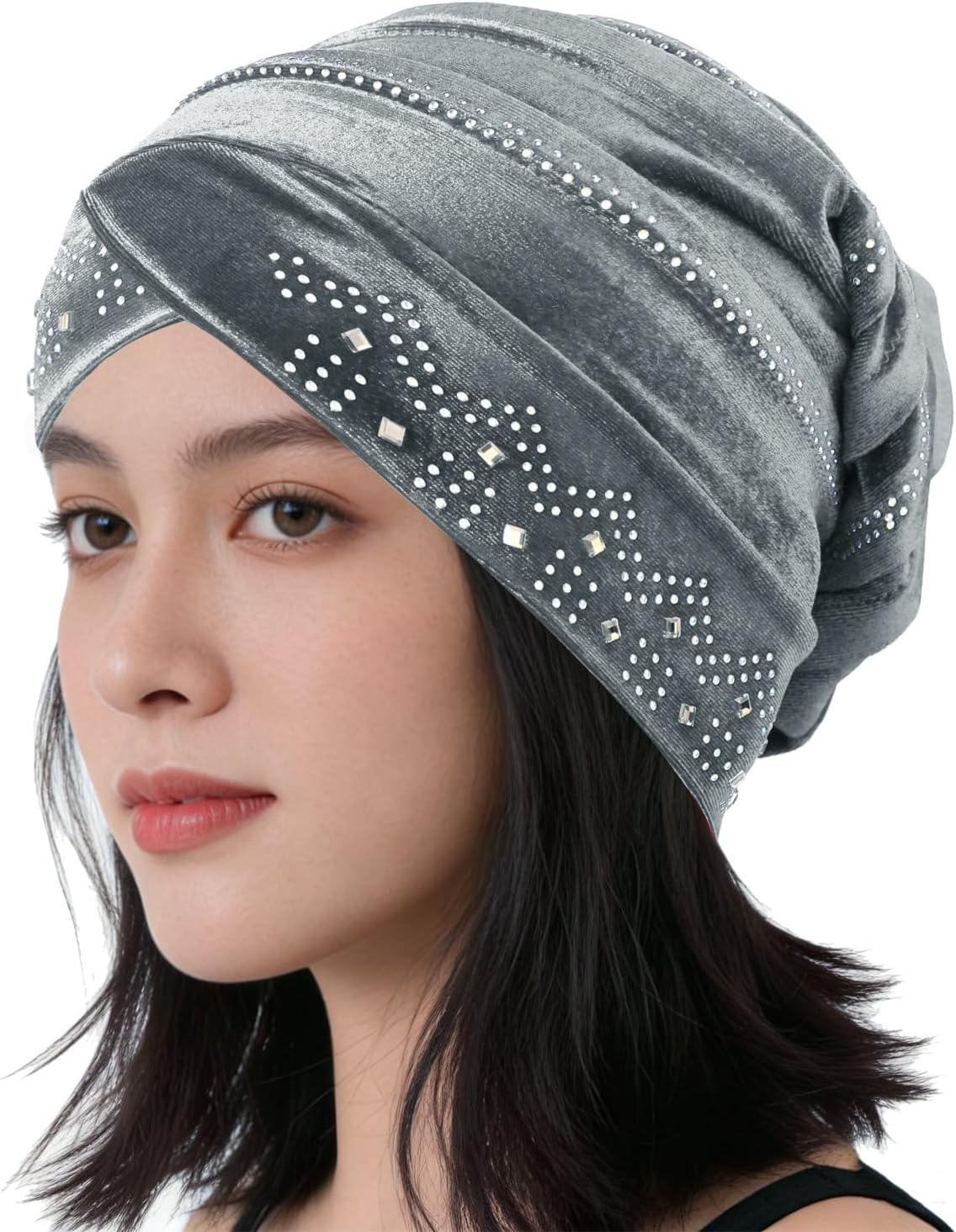haozaikeji Women Velvet Turban Hat Elegant Sequine Muslim Islamic Hijab Hat Modesty Headwear Glitter Eid Turban for Long Hair