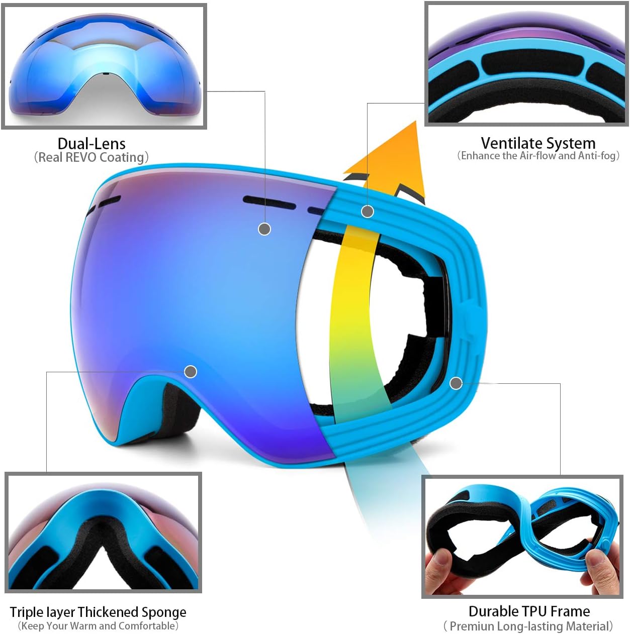 Juli Kids Ski Goggles,Interchangeable Double Layer Spherical Lens,OTG Anti-Fog Snowboard Skate Snow Goggles Age 4-16 4300