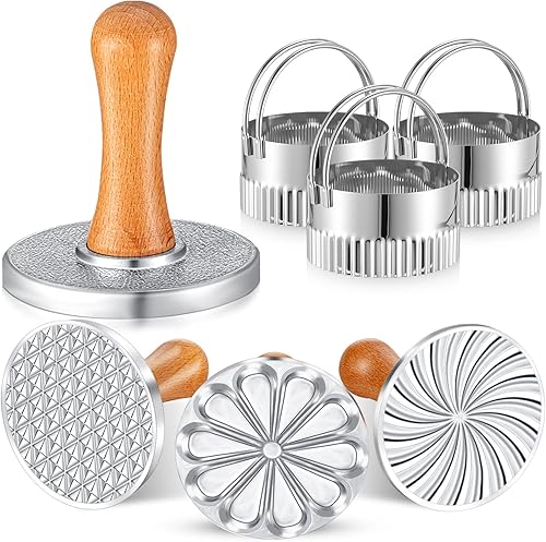 Miniatura 7 de Wenqik 3 piezas de sellos de galletas redondos de metal para galletas, molde cortador de prensa con mango de madera, molde para sello de galletas en