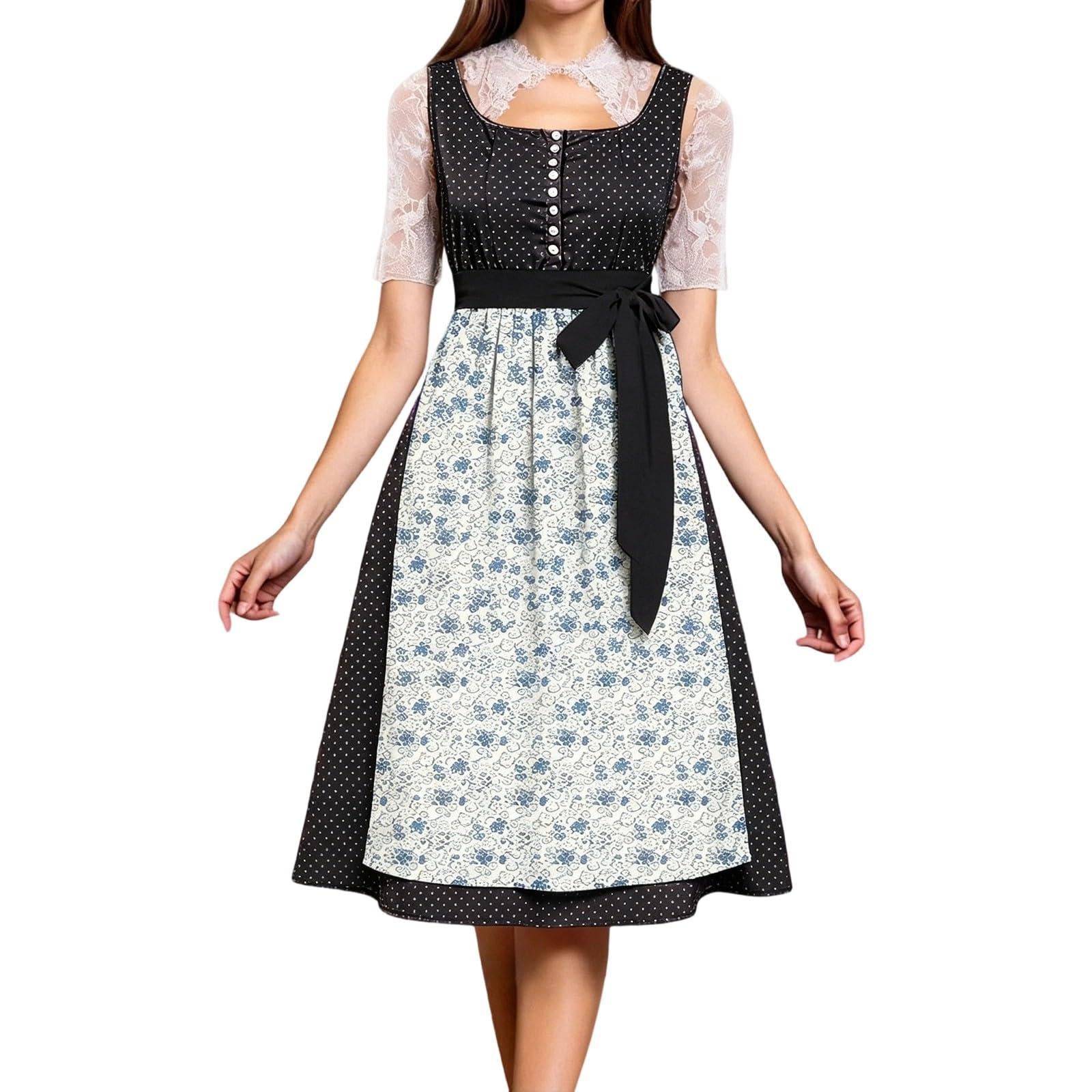 Generisch Vestido tirolés 2026 con lazo de cordones para elegante vestido de fiesta hasta el suelo con banda en la cintura, corte victoriano, ideal para celebraciones, ocio, todo el año