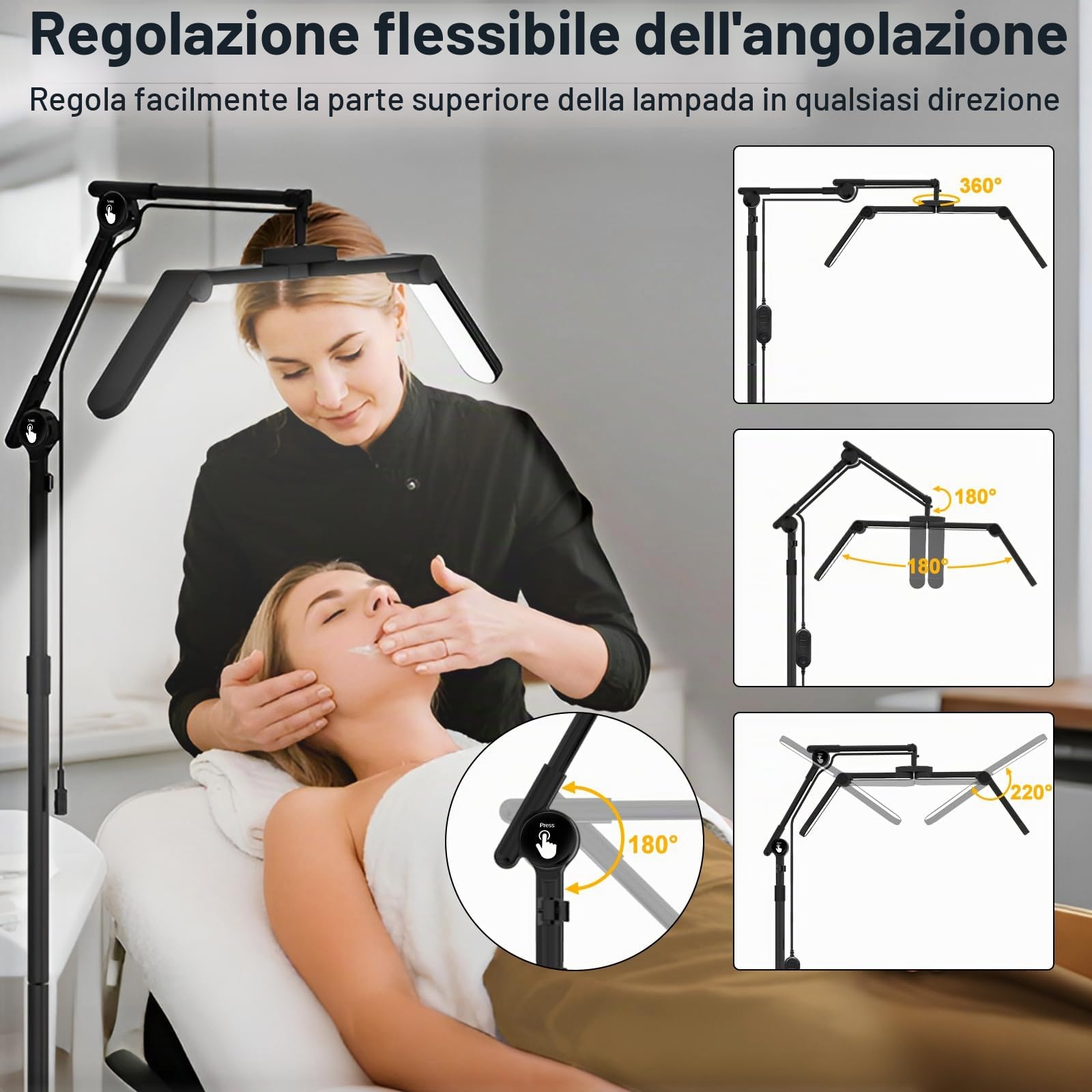 CGBE Lampada Extension Ciglia da Terra: Ultra-Larga Pieghevole Lampada Ciglia con Testa Rotabile a 360° - Base Mobile - Altezza Regolabili - Luce Estetista con Porta Cellulare per Ciglia/Tatuaggi
