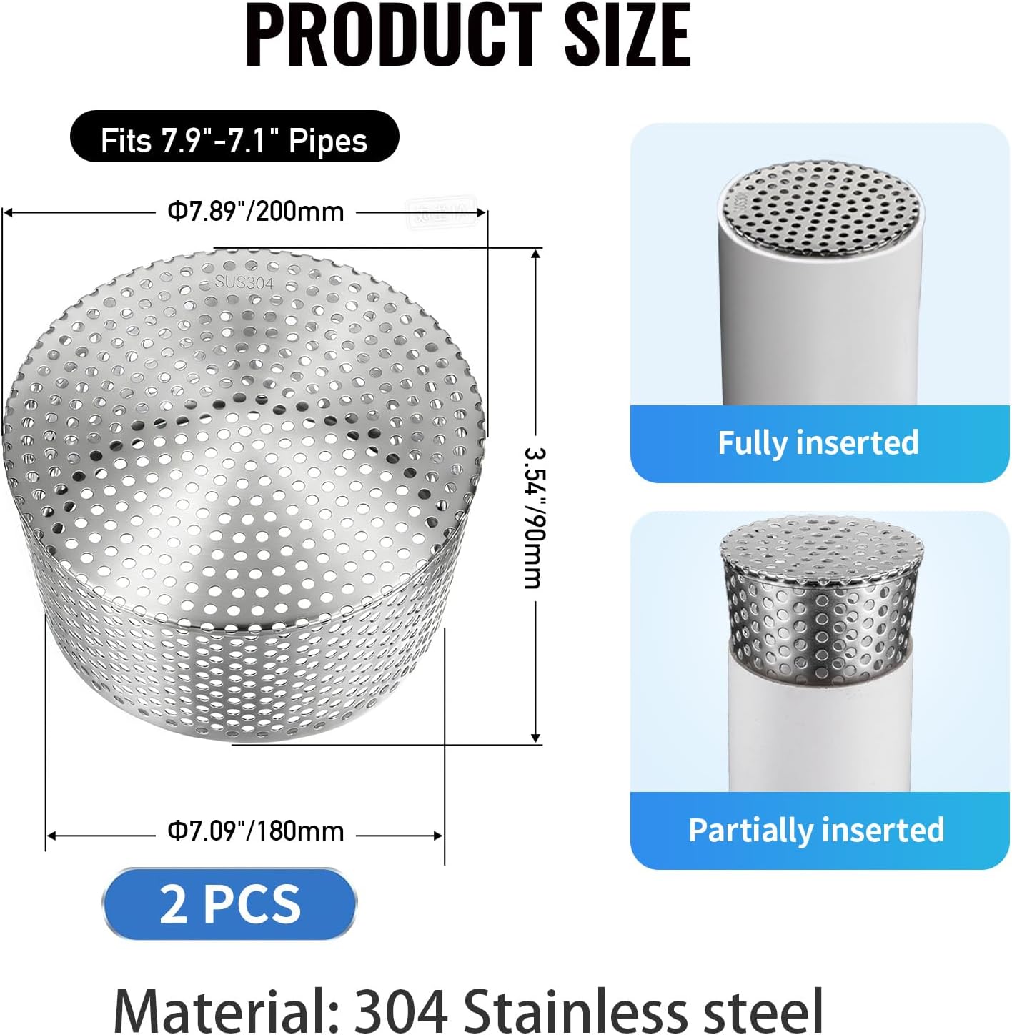 Stainless Steel Downspout Gutter Guard (Fits 7.9"-7.1" Pipes), Perforated Basket Strainer & Roof Drain Filter - Heavy Duty Metal Anti-Clog Cover for Debris, Pine Needles & Rodents 2 Pack