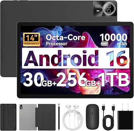 Tablet｜14 inch Android 16 Tablet｜30GB RAM 256GB ROM｜1920 * 1200 IPS FHD｜10000mAh 30W Fast Charging｜Octa-core Processor｜Wi-Fi 6, BT 5.4｜Dual Camera with Keyboard｜Mouse｜Stylus｜Case｜Headphone