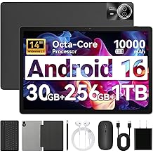 URAO Tablet|14 inch Android 16 Tablet|30GB RAM 256GB ROM |1920 * 1200 IPS FHD|10000mAh 30W Fast Charging|Octa-core Processor|Wi-Fi 6, BT 5.4|Dual Camera with Gemini AI|Keyboard|Stylus|Case|Headphone