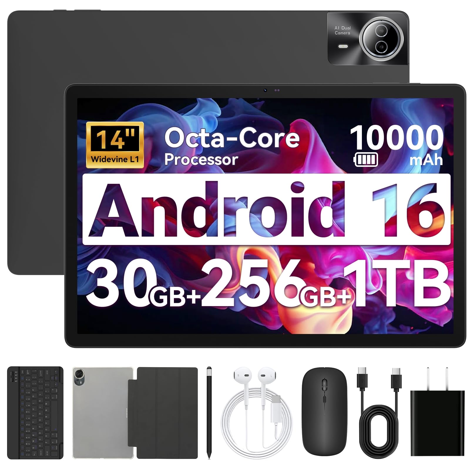 URAO Tablet｜14 inch Android 16 Tablet｜30GB RAM 256GB ROM｜1920 * 1200 IPS FHD｜10000mAh 30W Fast Charging｜Octa-core Processor｜Wi-Fi 6, BT 5.4｜Dual