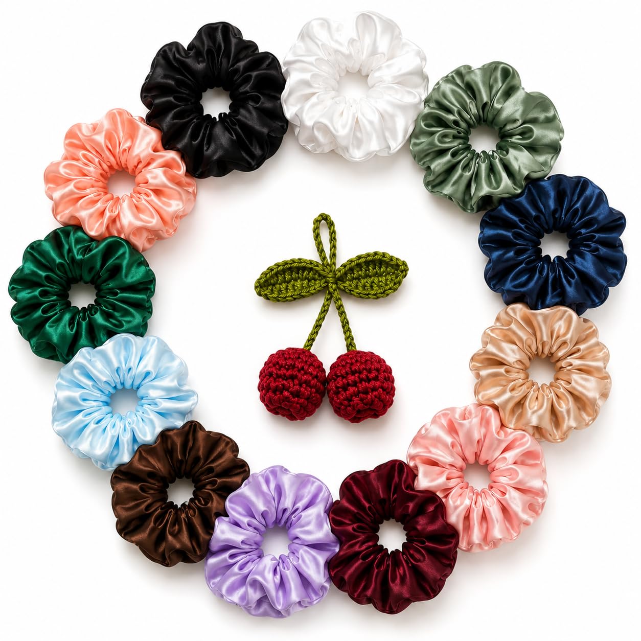 Satin Silk Scrunchies for Women & Girls, 12 Multicolour Soft Elastic Hair Ties with 1 Handmade Crochet Cherry Hair Clip, Non-Slip Ponytail Holders, Stretchable Hair Bands for Thick & Thin Hair, Hair Accessories (Pack of 13)-image-46