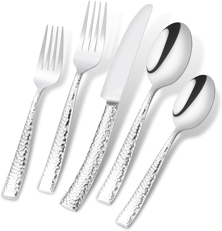 Silverware Set Mirror Polished Hammered 20 Piece Service for 4 | Flatware Stainless Steel, Hand Forged Cutlery Set Home Kitchen Restaurant Hotel Housewarming Wedding Gift, Dishwasher Safe