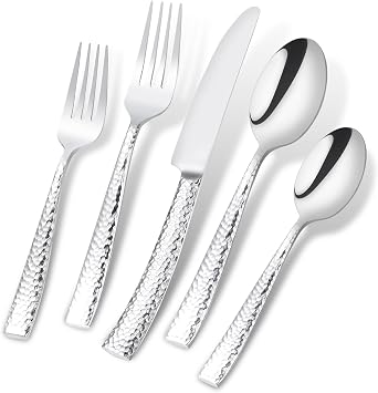 Silverware Set Flatware Set Stainless Steel Cutlery Set Hammered Pattern Mirror Finished 5 Pieces Service for 1