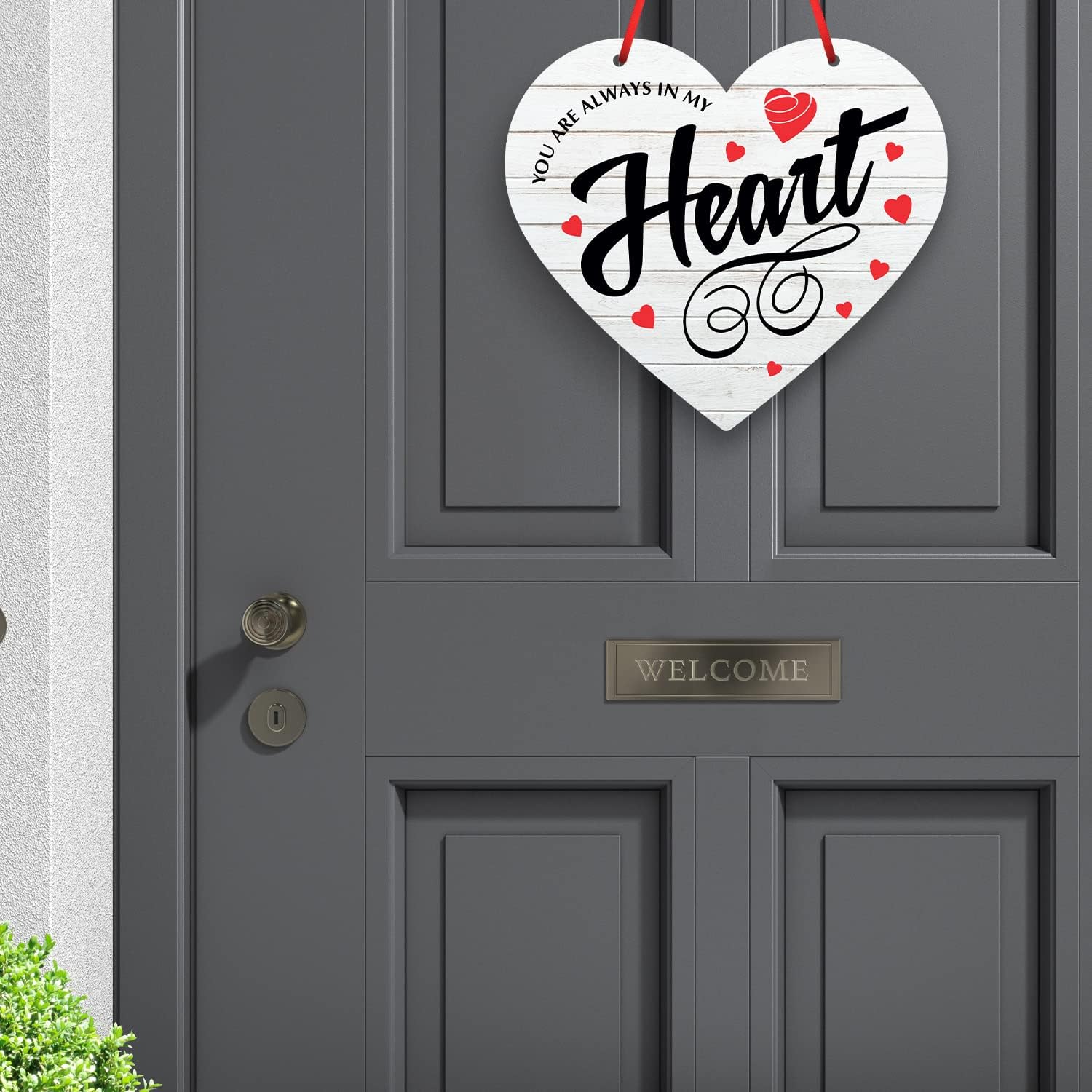 Soul Décor Valentines Day Decoration You are Always in My Heart Red Hearts White Wood Background, 15 Inch Aluminum Heart Shaped Door Sign with Red Satin Ribbon