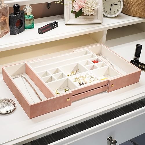Miniatura 6 de Dnxao Bandeja organizadora de joyas extensible, bandejas organizadoras de joyas de terciopelo para cajones, anillos, aretes, collares, pulseras,