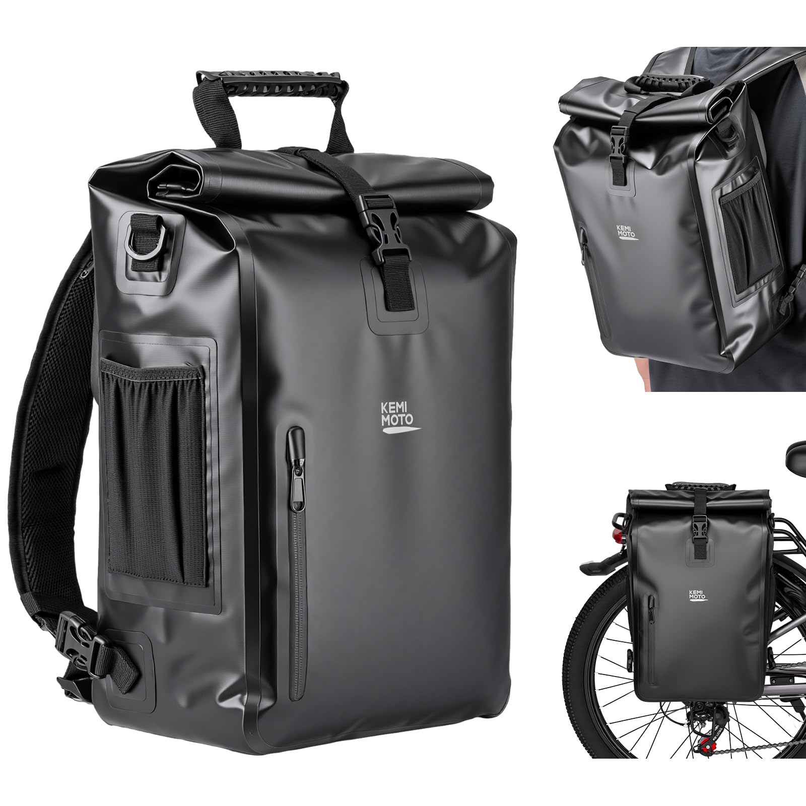 KEMIMOTO Borsa da Bicicletta Impermeabile 27 L, Borsa da Portapacchi Posteriore con Scomparto per Laptop, Zaino 3 in 1 Multifunzionale, Utilizzabile come Zaino, Borsa a Tracolla o con Maniglia
