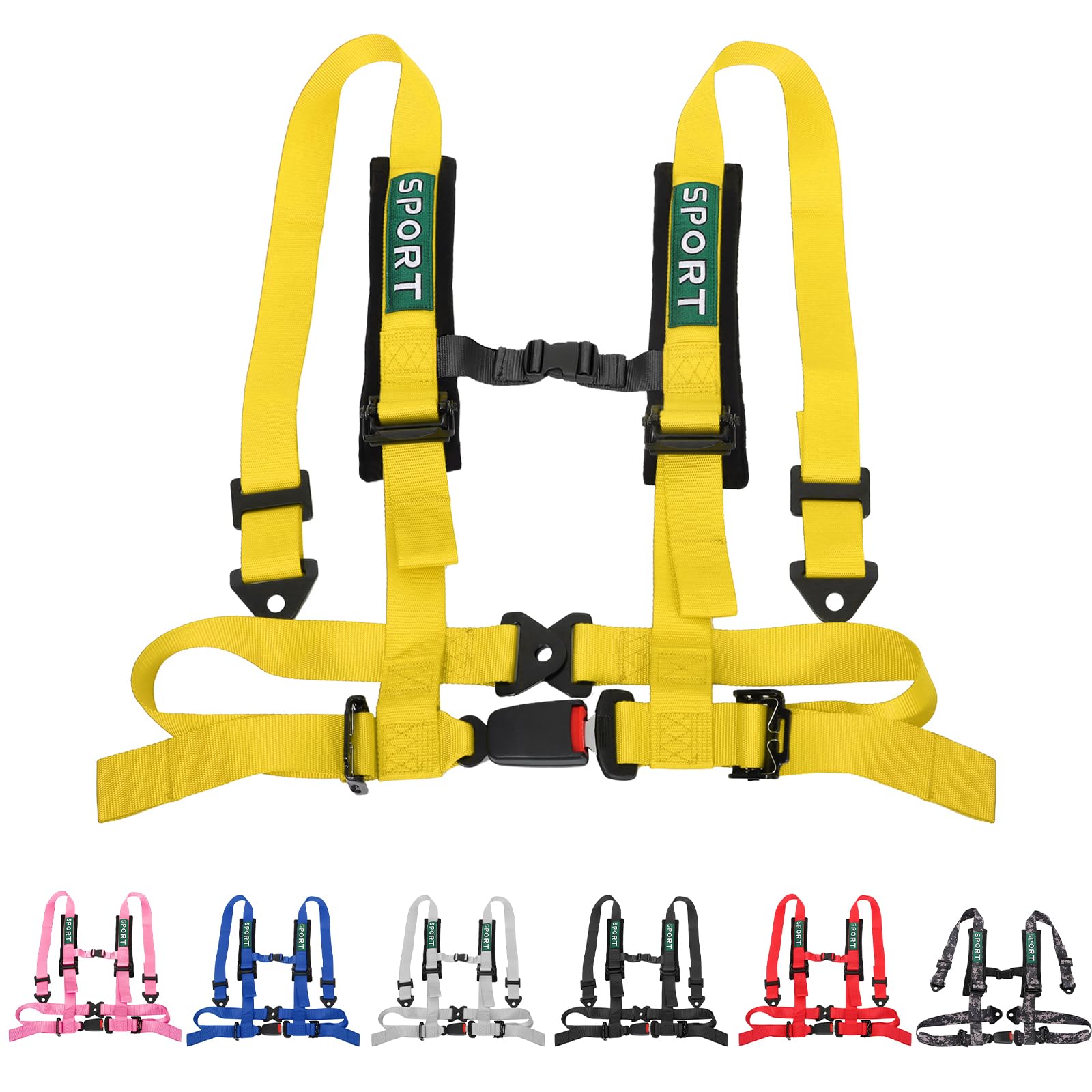 4 Point Harness Seat Belt With Padding Heavy Duty Buckle Upgraded 3 Inch Black Straps UTV Harness 4 point Universal Adjustable for Kids and Adults Easy Install, Yellow