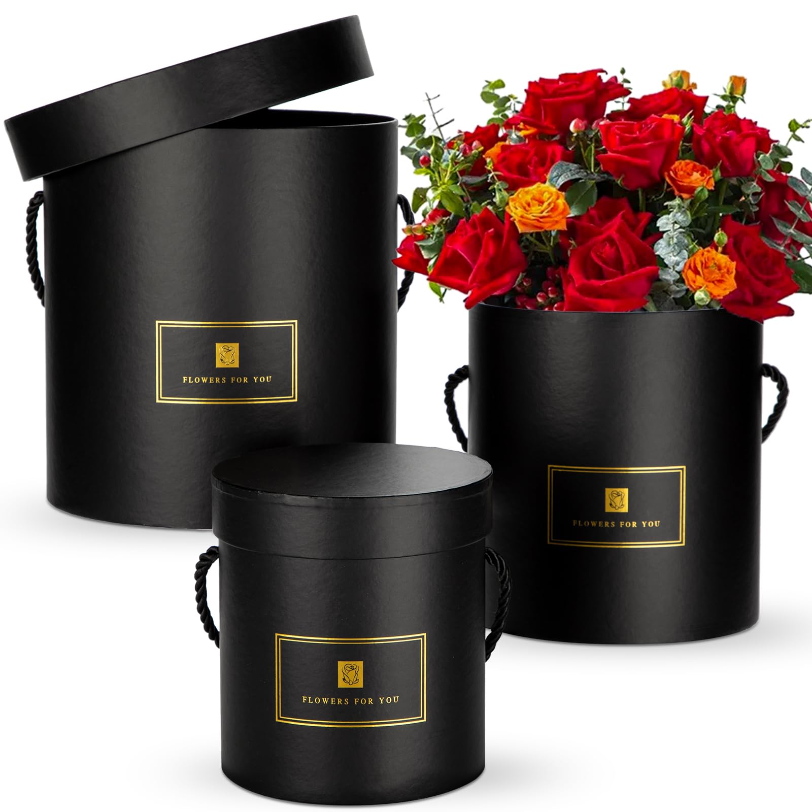 Hollyone Black Gift Box with Lids Set of 3 Round Nesting Gift Boxes Cylinder for Presents 3 Assorted Sizes Flowers Arrangements Boxes for Gift Giving