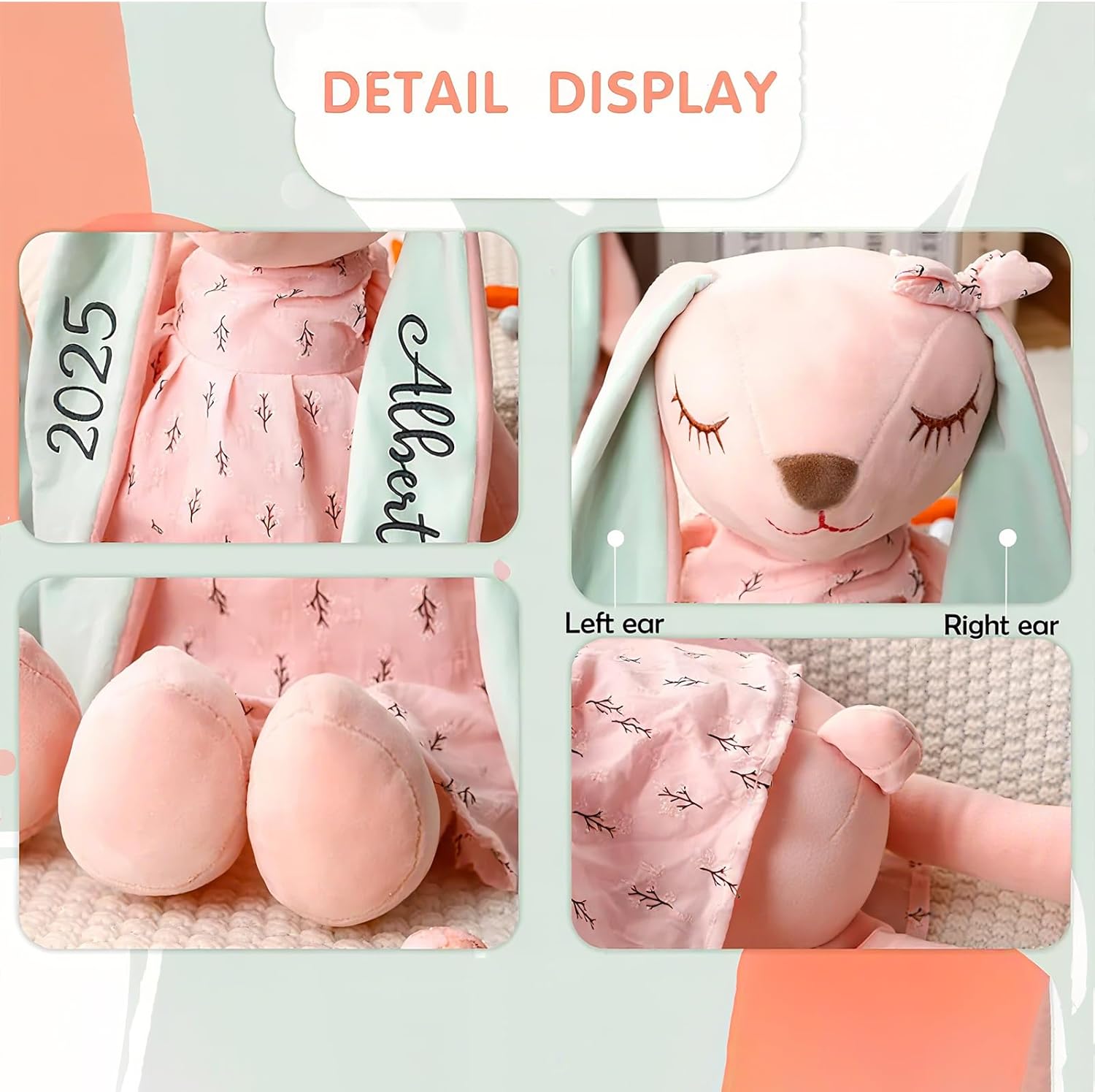 Custom Embroidered Plush Bunny Personalized Easter Bunny Rabbit Toy for Kids, Fluffy Handmade Bunny Doll for Babies and Newborns Shower Gift