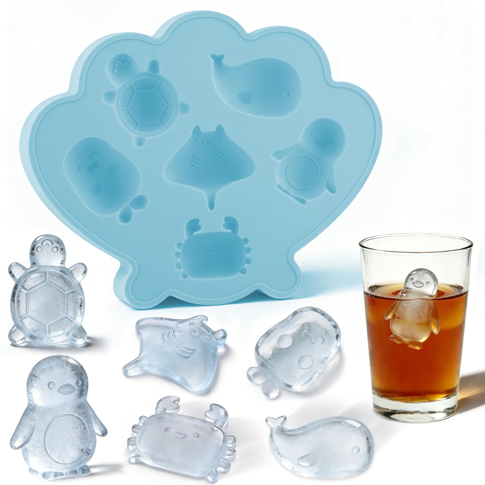 Photo 1 of Fu Store Ice Cube Tray Shell Silicone Ice Cube Trays with Cute Marine Life Shapes Cubes Easy to Release Perfect for Freezer Home, Kitchen, Drinks, Cocktail, Coffee, Chocolate Mold (Blue)