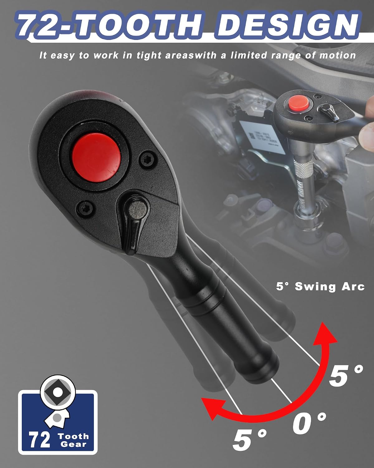 3 Piece Ratchet Set, 1/4”, 3/8”, 1/2” Drive Ratchet，Stubby Ratchet Wrench Set, Small Ratchet Wrench, 72-Tooth Short Hand Tools with IXPE Storage Tray