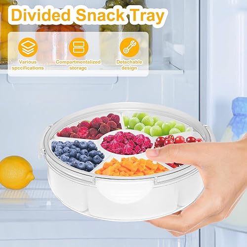 Miniatura 2 de Longzhuo Bandeja de verduras con tapa, bandeja dividida para servir con 6 compartimentos, recipiente redondo para aperitivos, bandeja de aperitivos