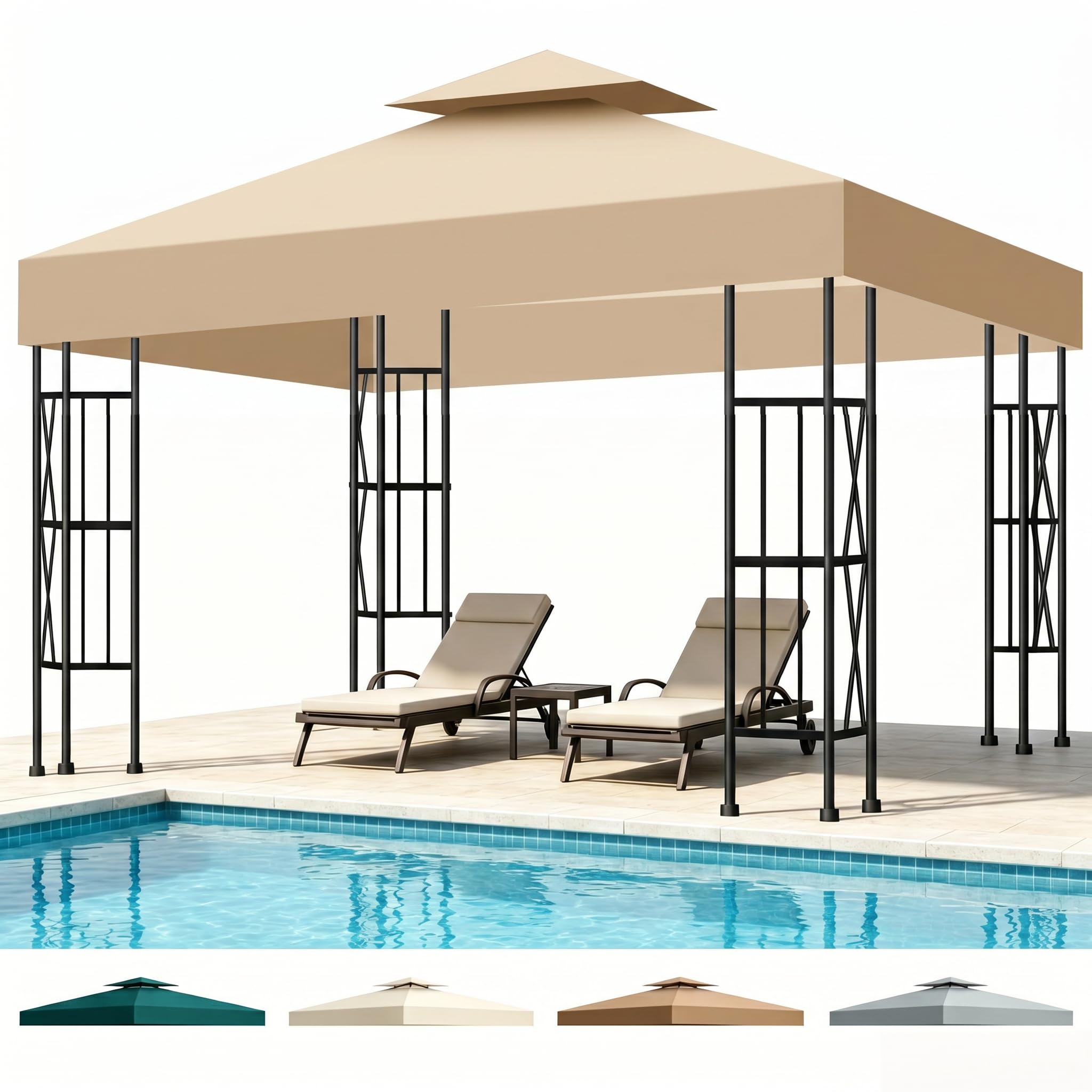 Telo Gazebo 3x3 m Impermeabile Anti-UV, 2 Livelli Tetto di Ricambio per Gazebo, Tenda da Sole Gazebo Rimovibile, 300D Poliestere Telo Ricambio Gazebo per Giardino, Patio, Esterni (Cachi)